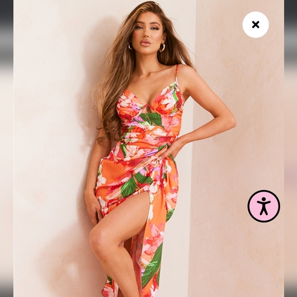 Peach Tropical Print Underwire Detail Strappy Draped Midi Dress - Picture 1 of 2